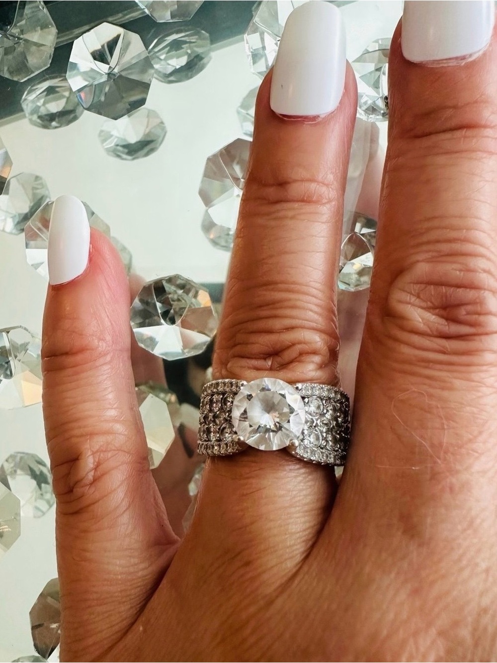 Silver-Tone White Crystal Statement Ring with Pavé Band